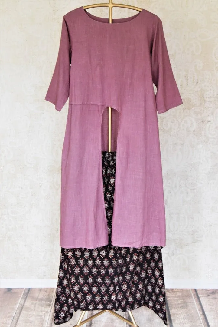 502674 Mauve Pink and Black Kalamkari Cotton Skirt Set