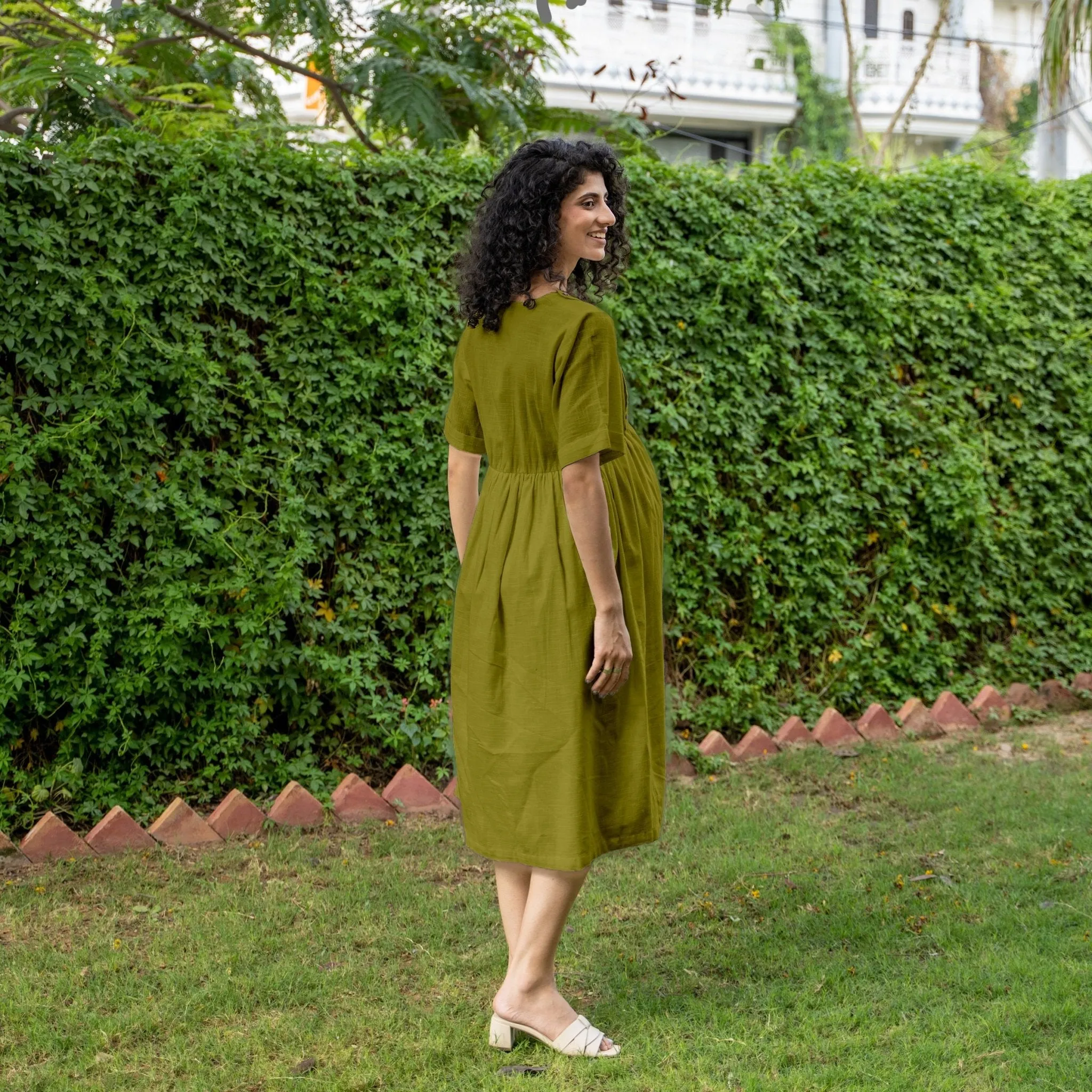 Olive Green 100% Cotton Button-Down Knee Length Pre and Post Maternity Dress